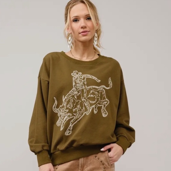 blue b Tops - blue b Olive Green Embroidered Rodeo Bull Riding Western Sweatshirt, NWT L
